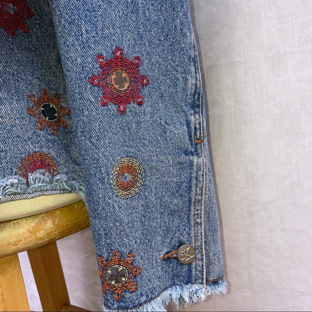 CALVIN KLEIN JEANS Denim Jean Jacket with Red Orange Embroidery 100% Cotton - Picture 8 of 13